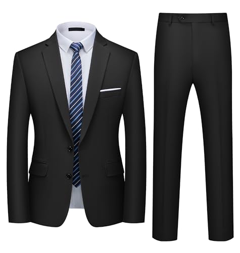 Costume Homme 2 Pièces Slim Fit Costume Business 2 Boutons Formel Mariage Élégant Veste Pantalon Travail Bureau Cérémonie Noir M