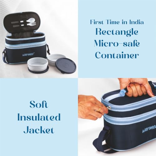 Image of WARMEO Micro Meal Microwave Safe Lunch Box | 1 Rectangular Container 600ml + 2 Round Containers 350ml Each + 2 Round Container 250ml Each + 1 Spoon + 1 Fork,Stylish Durable Jacket,Office,School,Blue