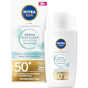 NIVEA SUN Sonnenschutz Fluid LSF 50+, nicht fettende Sonnencreme mit Anti-Unreinheiten Komplex & Niacinamid, UV Gesicht Experte Derma Skin Clear UV-Fluid LSF 50+ (40 ml)