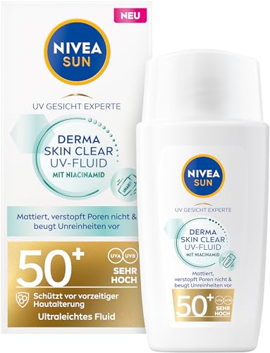 NIVEA SUN Sonnenschutz Fluid LSF 50+, nicht fettende Sonnencreme mit Anti-Unreinheiten Komplex & Niacinamid, UV Gesicht Experte Derma Skin Clear UV-Fluid LSF 50+ (40 ml)