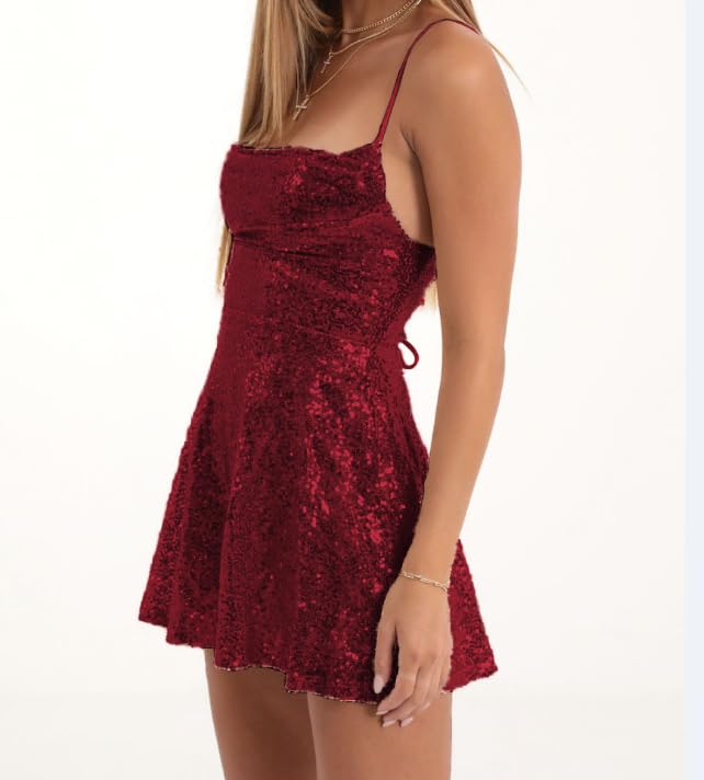 Image of FEORJGP Womens Sparkly Sequin Mini Dress Shiny Spaghetti Strap Short Dress Glitter Disco Slip Dresses Cocktail Party Clubwear