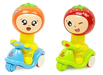 PANCIKAA Colorful Press and Go Friction Motorcycle with Happy Fruits Toys, Colorful Funny Laughing Fruits Toy Set for Kids (Pack of 2)