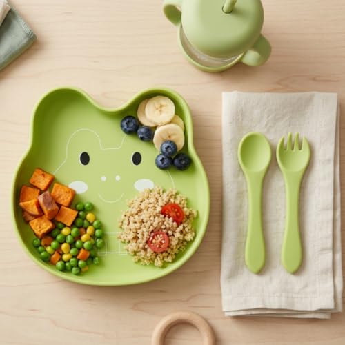 Image of TIGGY & BONNET Frog 2 Pcs Silicone Baby Feeding Set for Baby Bpa-Free | Microwave Safe, Anti-Slip Base | Tableware Kit for Babies & Toddlers with Suction Plate & Spoon