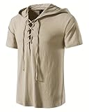BUXKR Men's Casual Short Sleeve Hooded T-Shirt, Lightweight Summer Pullover Cotton Streetwear Top,Khaki,XL