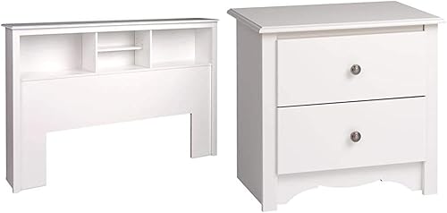 Prepac Cabecera de estantería matrimonialQueen, color blanco y Monterey de 2 cajones, color blanco