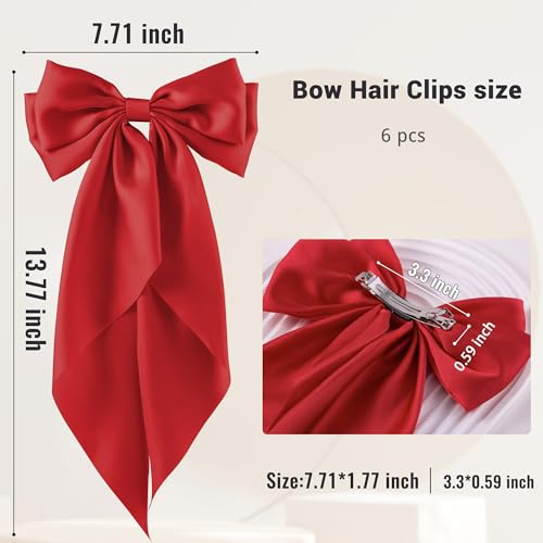 hisial 6Pcs Large Bows Hair Clips for Women Girls Long Tail Hair Ribbon Silky Satin Barrettes Coquette Bows Accessories (Red)