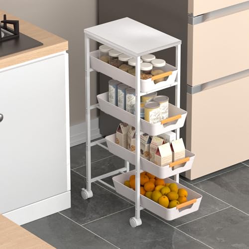 5 Tier Slim Rolling Utility Cart with Drawers Pull-Out Design Slim Storage Cart with Metal Frame and Wooden Top for Narrow Space in Home Kitchen Bathroom White (Width 9.5 Inches)