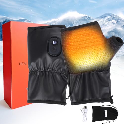 Heated Gloves for Women, Rechargeable Washable PU Leather Electric Heated Warm Winter Gloves for Motorcycle Skiing Bike Hunting Camping - Fingerless Glove for Cold Weather Arthritis Hands, Black