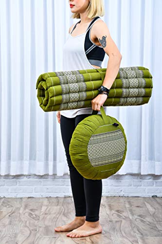 Image of Leewadee Meditation Cushion Set - 1 Round Zafu Meditation Pillow and 1 Square Roll-Up Zabuton Meditation Mat, Pillows Bundle Filled with Kapok