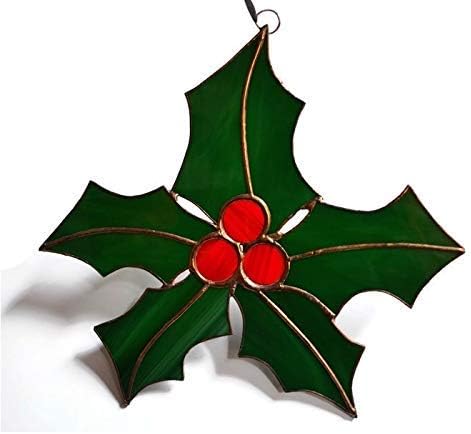 Christmas Holly Leaves and Berries Stained Glass Suncatcher Window Hanging or Wall Decor