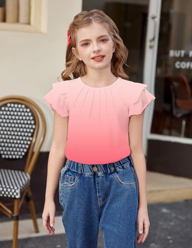 Image of Arshiner Girls T Shirts Ruffle Short Sleeve Summer Pleated Crewneck Casual Tops Tees Blouses
