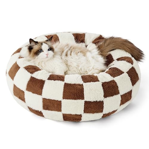 Image of LE SURE Donut Cat Beds for Indoor Cats - Gift for Pets with Washable Cover, Cute Modern Puppy Beds with Jacquard Shaggy Plush & Anti Slip Bottom, 20 Inch, Brown