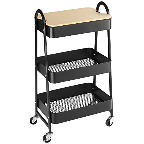 HOMCOM Desserte Chariot de Rangement en Acier à roulettes avec 3 Niveaux, Plateau MDF, poignées dim. 45L x 31l x 79,4H cm