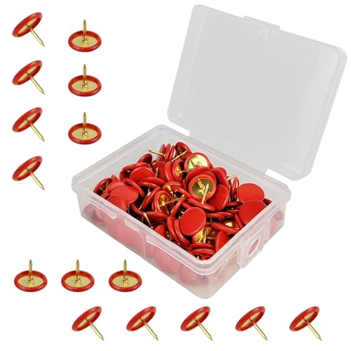 100 pinos de desenho, tachas planas de metal, tachas para o polegar, pinos de desenho de cabeça redonda com caixa de armazenamento para mapas, parede de fotos, escritório, tábuas de cortiça (vermelho