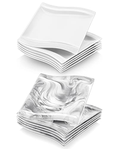 Malacasa Square Dinner Plates, Marble Grey 10Inch And White 10 Inch Ceramic Plates Set Of 12, Modern Porcelain Dish Set Kitchen Serving Plate, Microwave, Oven And Dishwasher Safe, Series Flora #TOP14