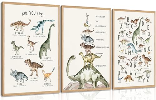 3Pcs Kids Dinosaur Species Wall Art Dinosaur Alphabet Canvas Painting Boys Room Wall Decor Tyrannosaurus Encyclopedia Educational Posters Prints Teen Cool Pictures for Home Classroom Nursery Unframed