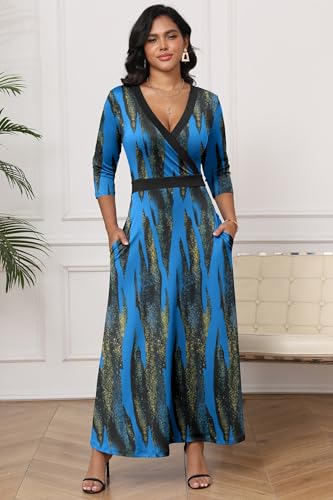 Image of FANDEE Maxi Dresses for Women Long 3 /4 Sleeve Flowy Casual V Neck Empire Waist Dress with Pockets Blue Stripe