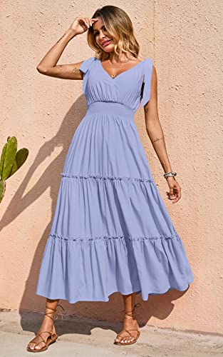 Image of PRETTYGARDEN Women's Cross Neck Summer Sleeveless Tiered Maxi Dress Beach Tie Strap Smocked Long Dresses Pleated Sundress
