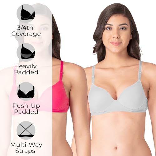 Image of Komli - Heavily Padded Push-Up Bra - Cotton Rich - Balconette - 3 /4th Coverage, Seamless, Wireless, Multiway Straps - T-Shirt Bra