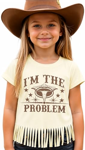 Image of Girls Western Shirt Toddler Tassels Cowgirl T-Shirt Im The Problem Country Concert Shirts Summer Short Sleeve Top