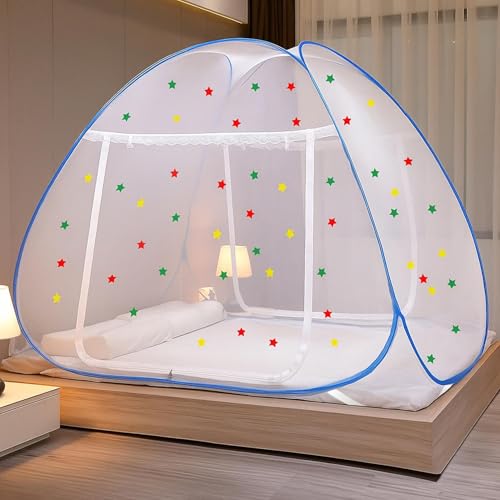 Image of Evafly Mosquito Net for King Size Bed | Premium Polyester Mesh | Foldable Pop-Up Bed Net | Fine Mesh with 30 Pairs of Glow Stars | Protection Against Mosquitoes & Insects | Easy Setup, Washable | Blue