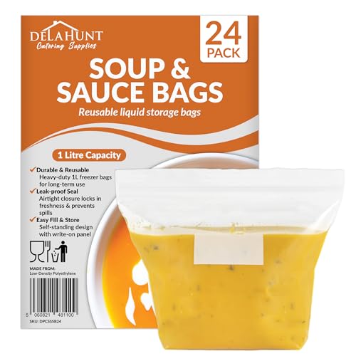 1 Litre Reusable Freezer Bags [24 Pack] - BPA-Free, Leakproof & Stand-Up Press Seal Storage Bags | Heavy-Duty Meal Prep Bags for Soup, Sauce, Broth, Smoothies, Batch Cooking & Freezer Storage