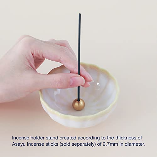 Asayu Japan Mini Lotus Incense Holder For Sticks 4.9 Inch (126 Mm), Traditional Made In Japan Small Ceramic Ash Catcher & Dettachable Brass Incense Burner Stand Set (White And Yellow) #TOP3