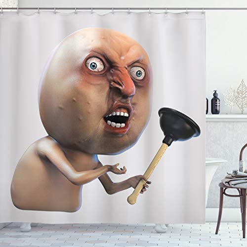 Ambesonne Humor Shower Curtain, Why You No with Plunger Guy Meme with Long Face Angry Grumpy Washroom Design Print, Cloth Fabric Bathroom Decor Set with Hooks, 69" W x 75" L, Peach Tan