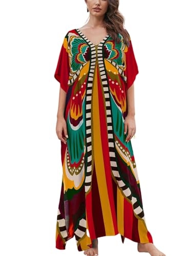 Image of IMAGEKOPE Women's Plus Size Loose Fit Moroccan Print V-Neck Batwing Kaftan Beach Dress Bathing Suit Cover Up