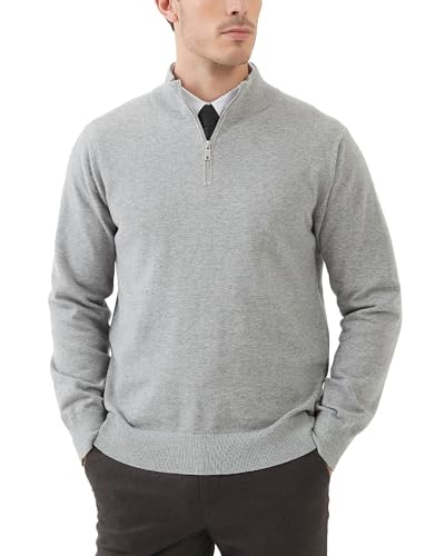 Image of Kallspin Men’s Cotton Quarter Zip Jumper Sweater Long Sleeve Casual Knit Pullover Knitwear(Light Grey, L)
