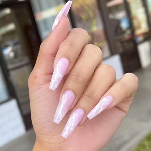 Sethexy Marmor Falsche Nägel Langer Sarg Glänzend Press on Nails Französisch False Nails 24Stück Acryl Aufgeklebte Nägel für Frauen und Mädchen Cover