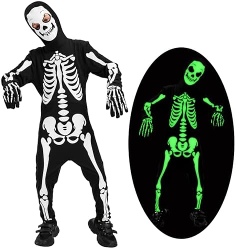Haozozo Leuchtend Halloween Karneval Skelett Kostüme Kinder Jungen, Faschingskostüme Kinder Glow in the Dark Scary Jumpsuit