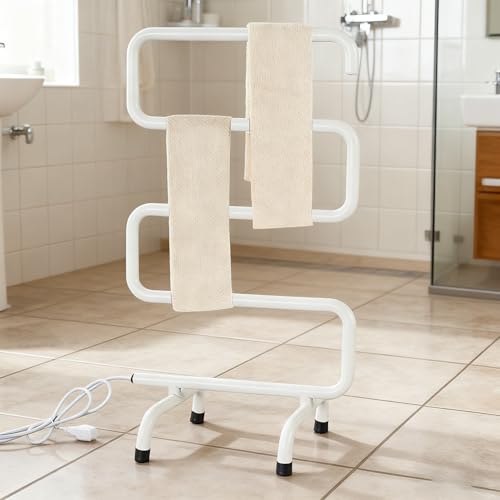Chauffe Serviette électrique Salle De Bain sur Pied, Sèche-Serviettes électrique avec Radiateur Basse Consommation 65w avec LED Indicateur Lumineux Support De Séchage De Linge Type S (White, 220V)