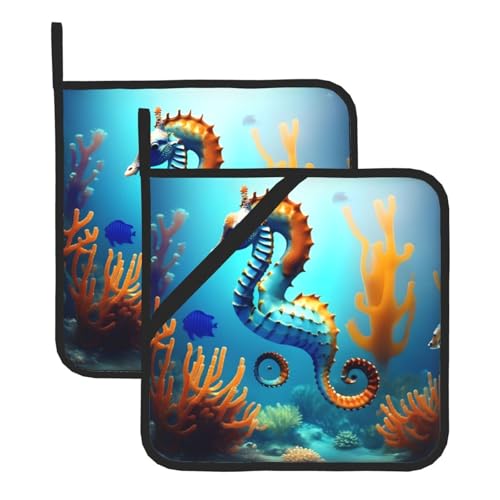 Juego de 2 soportes para ollas de caballito de mar de coral de fondo marino, juego de agarraderas de cocina, 8 x 8 pulgadas, perfecto para hornear y cocinar todos los días.