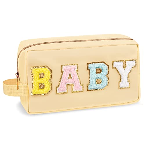 Image of UIXIZQ Preppy Nylon Cosmetic Bag Baby Pouch for Women Girls, Portable Makeup Bag with Chenille Letter Patches, Zipper Pouch Storage Purse Waterproof Organizer for Travel