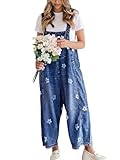 utcoco Women Floral Printed Adjustable Strap Denim Bib Overall Wide Leg Jeans Casual Baggy Overalls Jumpsuit (Small, Dark Blue)