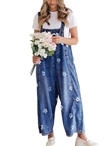 utcoco Women Floral Printed Adjustable Strap Denim Bib Overall Wide Leg Jeans Casual Baggy Overalls Jumpsuit (Small, Dark Blue)