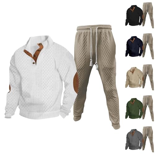 Mens 2 Piece Sweatsuits Sets Stand Collar Button Elbow Patch Long Sleeve Sweatshirts Pants Outdoor Loose Sport Suits2