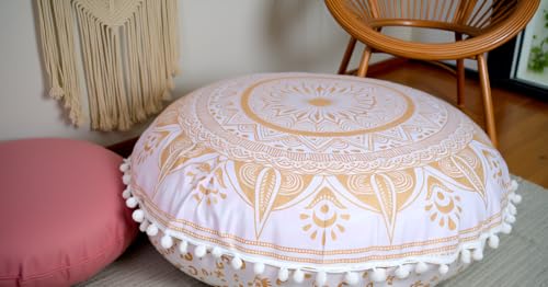 Round Mandala Floor Pillow Cover Seating Cushion Throw Cover Hippie Decorative Bohemian Ottoman Pouf Cover, Pom Pom Pillow Cases,Boho Indian 22 Inches - Image 3