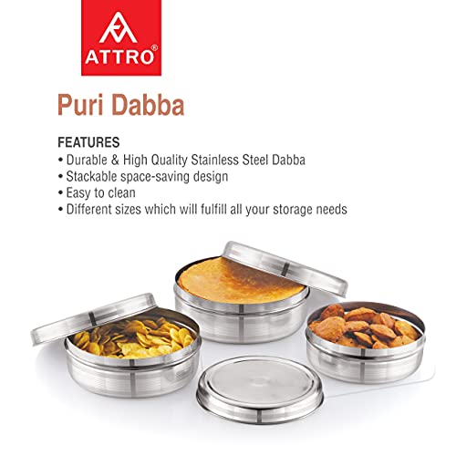 Image of Attro Stainless Steel Puri Dabba with Lid, Food Storage Containers, Big (1100ml), Medium (900 ml), Small (700ml) - Set of 3, Silver, Standard