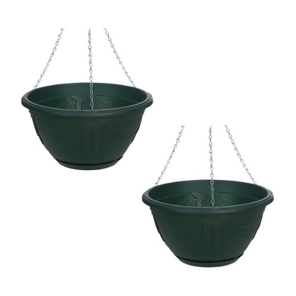Shopior Green - Pack 2 Flower And Herb Plastic Hanging Basket | Plant Saucer For Indoor Outdoor | Wall Planters | Plant Pots For Succulents | Hanging Flower Pots For Garden, Balcony - 32Cm (Green - Pack 2)