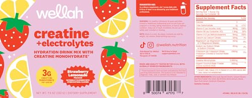 Image of Wellah Creatine + Electrolytes Powder (Strawberry Lemonade) 30 Servings - Hydration Drink Mix with 3g of Creatine Monohydrate