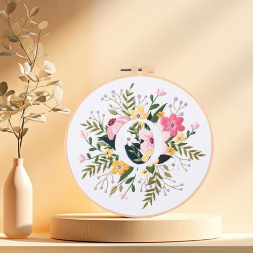 Image of IUHUI Embroidery Kit for Beginners Adults - 26 Floral Letters Easy Patterns, DIY Hand Stitching Embroidery Set with Hoop (Flower and Grass Letter O)