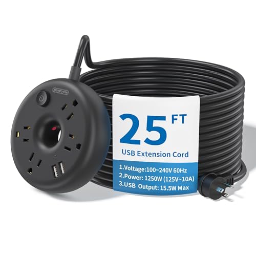 NTONPOWER Extensión de 25 pies con 4 tomas y 2 puertos USB, protección contra sobrecarga, carcasa resistente al fuego ABS+PC miniatura 1