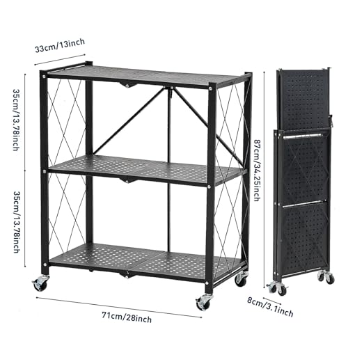 Image of BRIAN & DANY 3-Tier Foldable Storage Shelves with Wheels, No Assembly Folding Shelf Metal Rack, Shelving Unit for Kitchen, Garage, Black