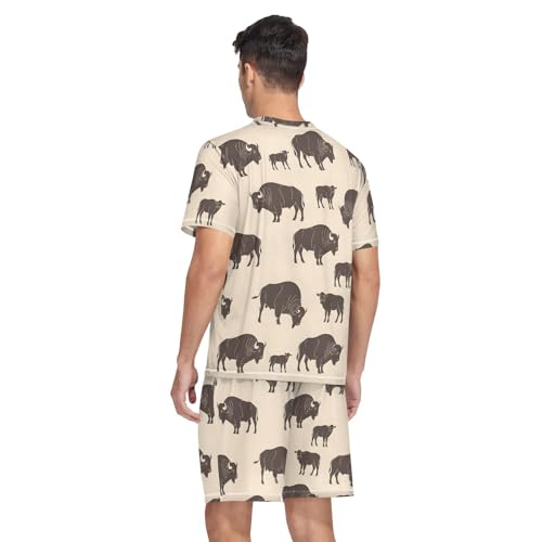 Mens Short Sleeve Pajama Set Vintage Bison Pattern Print 2-piece Lounge Sleep Sets Men's Sleepwear S-XXL2