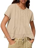 Tankaneo Womens Babydoll Tops Short Sleeve Peplum Pleated Summer T-Shirts Casual Loose Fit Flowy Tshirts 2025 Khaki