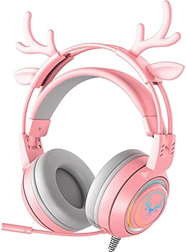 Atrasee Stereo Gaming Headset for PS4 PC Xbox One PS5 Controller, Noise Cancelling Over Ear Headphones with Mic, LED Light, Bass Surround, Soft Memory Earmuffs for Laptop Mac Nintendo (Pink Antlers)