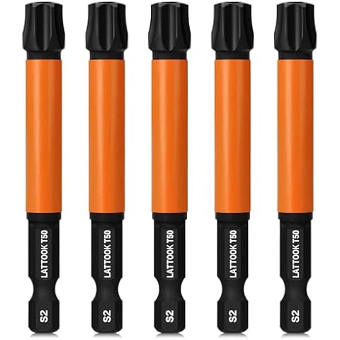 T50 Torx Bits, LATTOOK 5PCS Impact Torx Bit Set 6 Point Torx Bit Star Bit Torx Security Bit Set, High Impact Tough Magnetic #50 Torx, S2 Steel, 3'' Long Cover