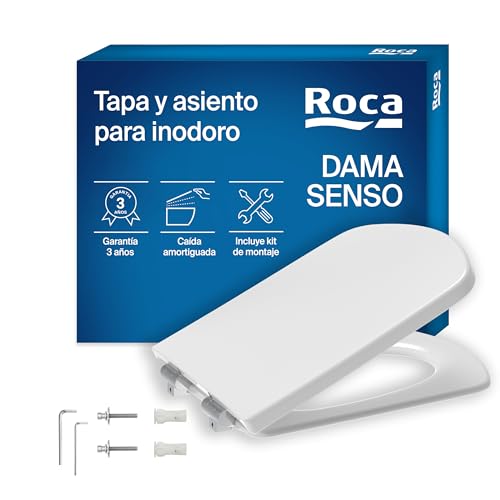 Roca Dama Senso   Tapa y asiento para inodoro con caída amortiguada, tapadera de WC original con ajuste perfecto, recambio de tapa de váter resistente, blanco, A801512004